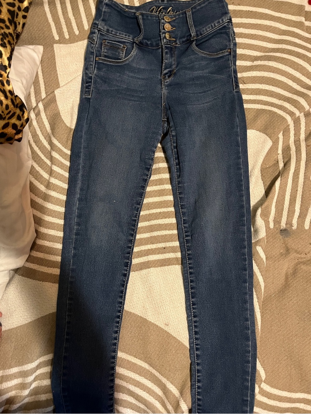 High-Rise Dark Blue Women's Jeggings with Triple-Button Waist
